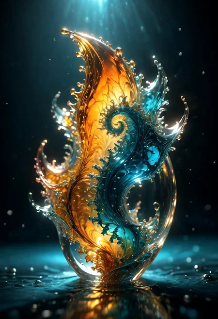 An abstract shape, amazingly fluid, made of glass, detailed, 3d fractals, light particles, water drops, shimmering light, surreal, ink, smooth, shimmering, glow, cinematice contrast, Glow, 16k, crystal clear,