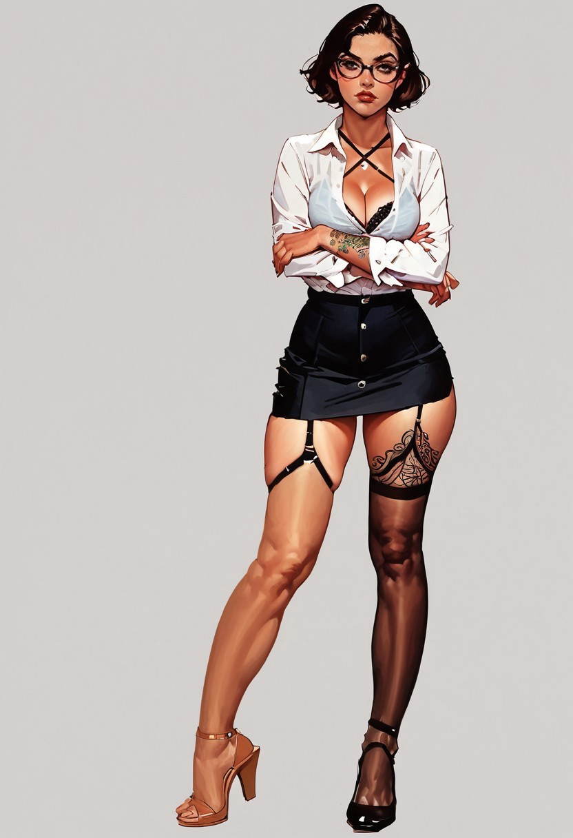 safe_pos, score_9, score_8_up, score_7_up, score_6_up, score_9, score_8_up, score_7_up, score_6_up, masterpiece,, perfect huge round butt, huge bubble butt, business_outfit, 1GIRL, SOLO, GLASSES, THIGHHIGHS, SKIRT, BREASTS, HIGH HEELS, CROSSED ARMS, GARTER STRAPS, UNDERWEAR, CLEAVAGE, TATTOO, SHIRT, LEG TATTOO, SHORT HAIR, LACE-TRIMMED LEGWEAR, BRA, WHITE SHIRT, 1GIRL, SOLO, GLASSES, THIGHHIGHS, SKIRT, BREASTS, HIGH HEELS,  GARTER STRAPS, UNDERWEAR, OFFICE LADY, CLEAVAGE, TATTOO, SHIRT,  SHORT HAIR, BRA, WHITE SHIRT,