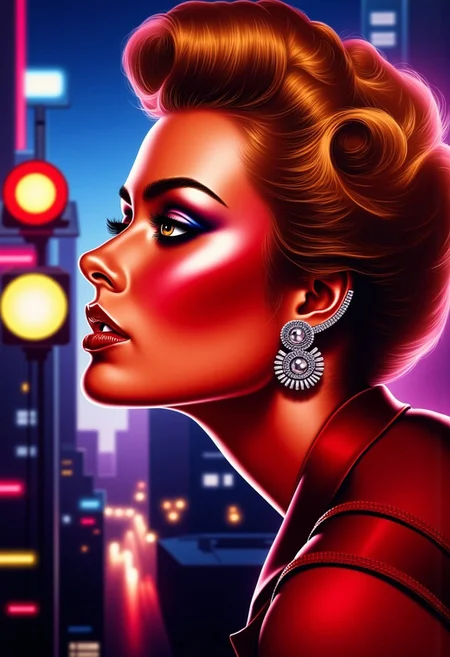 A bold and glamorous female figure with 1950s Hollywood waves and sparkling earrings, leaning confidently against a neon city backdrop, illustration in the style of BRSH