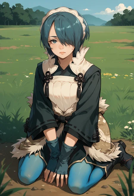score_9, score_8_up, score_7_up, source_anime, 1girl, kneeling, looking at viewer, nervous, sweatdrop, <lora:SetsunaFE-pdxl:1> defSet, short hair, white hairband, hair over one eye, japanese clothes, high collar, medium breasts, long sleeves, fingerless gloves, fur-trimmed sash, blue pantyhose, boots, outdoors, field