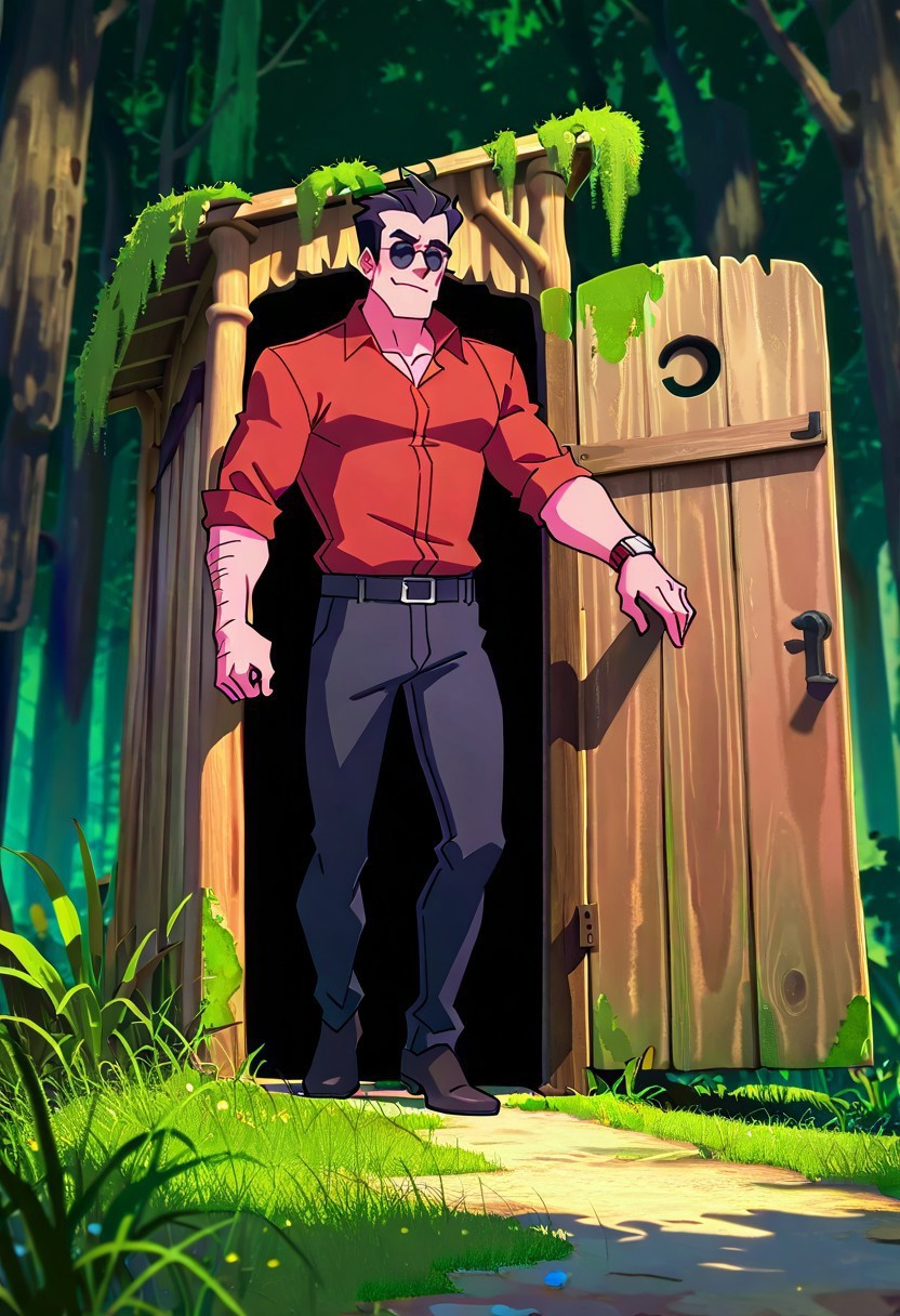 masterpiece, best quality, newest, absurdres, highres, anime, anime style, Shrek's-Outhouse-IL.V1.0, outdoors, moss, plant, nature, forest, Outhouse-closed door, Outhouse-open door, opening door, 1boy, helltaker \(helltaker\), black hair, short hair, muscular, muscular male, sunglasses, glasses,

