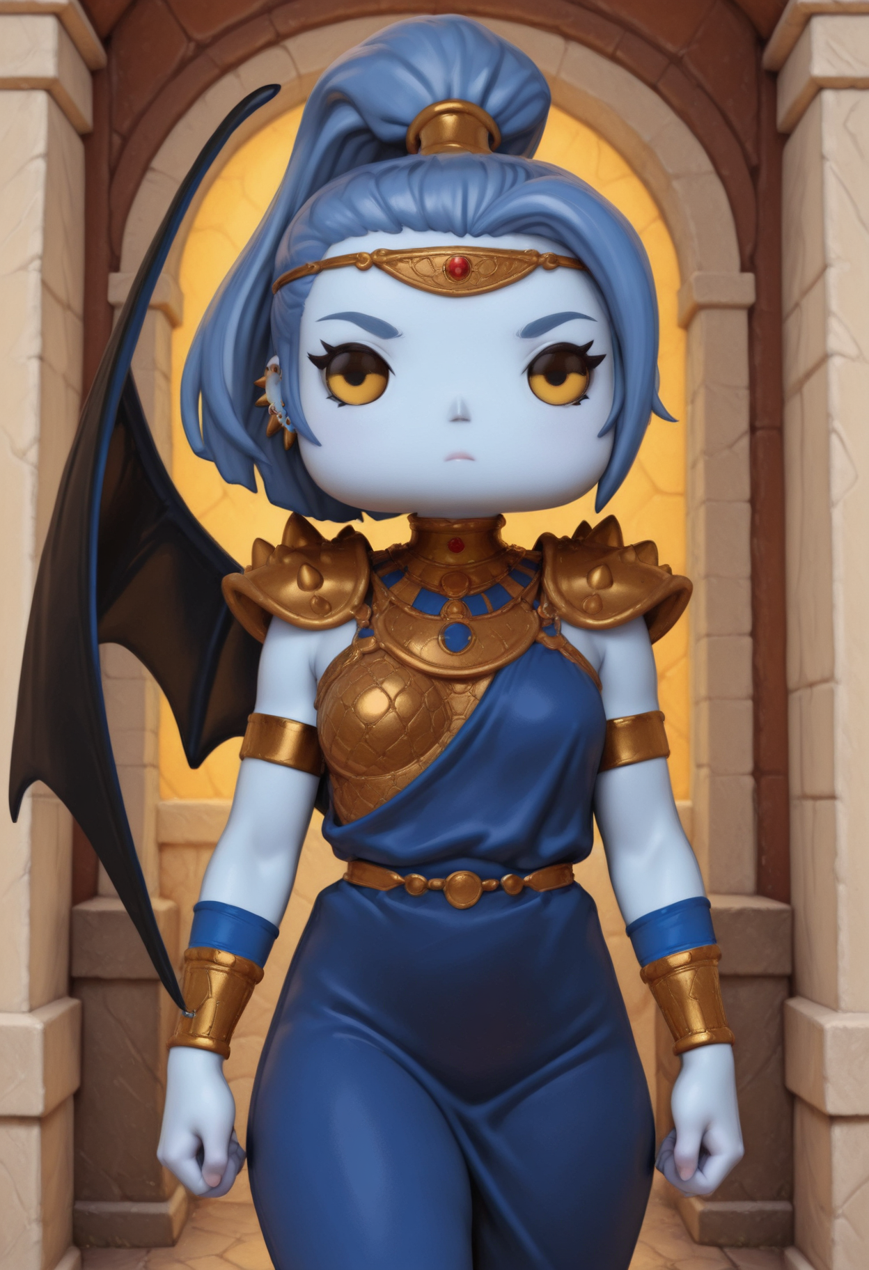 masterpiece, best quality, amazing quality,  funkopop, <lora:funkoPopIllustrious:1.1>, solo, 1girl,
ponytail, ear piercing, blue skin, colored skin, yellow eyes , megaeraoutfit, circlet, armlet, collar, shoulder armor, from the front,single wing, , <lora:MegaeraIllustriousXL:1>