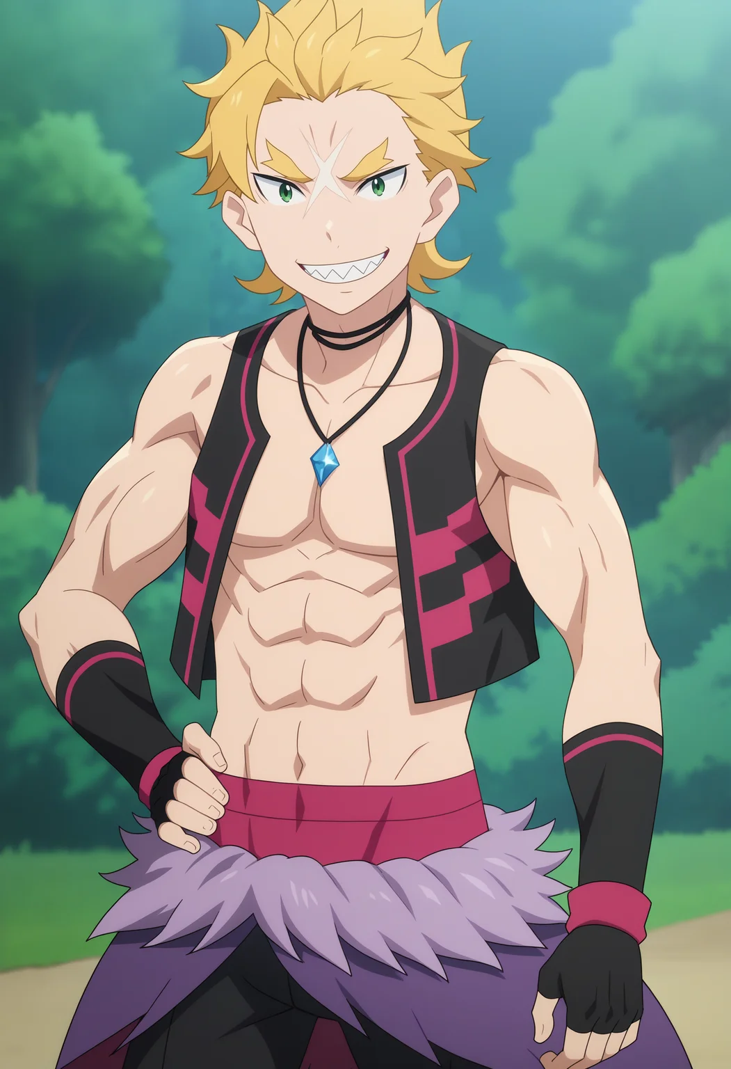 score_9, score_8_up,source_anime, BREAK
 <lora:GarfXL:1>,blonde hair, 1boy, solo, spiked hair, necklace, vest, green eyes, scar on face, sharp teeth, looking at viewer, fingerless gloves, smile, open clothes, fur trim, black pants, collarbone, bare shoulders, thick eyebrows,standing,muscular, ,cowboy shot, outdoors, hand on own hip,
anime screencap,