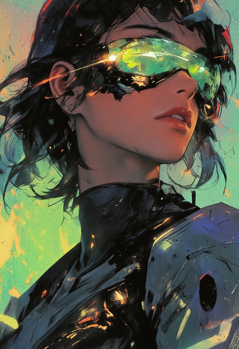 A hyper-realistic close-up portrait of a young woman with shoulder-length black hair styled in edgy, futuristic layers, adorned with glowing tips. She wears mecha eyewear with a neon green visor that transitions into iridescent shades of teal and gold. The frame is sleek, with angular edges and fine mechanical detailing. Her expression is fierce and confident, with flawless skin highlighted by the neon reflections. She wears a high-tech bodysuit with integrated LED lines and metallic panels. The background depicts a hazy rendition of The Great Wave off Kanagawa by Hokusai, its powerful waves blending seamlessly with the neon tones, amplifying her intense, defiant aura.