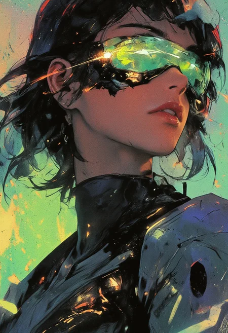 A hyper-realistic close-up portrait of a young woman with shoulder-length black hair styled in edgy, futuristic layers, adorned with glowing tips. She wears mecha eyewear with a neon green visor that transitions into iridescent shades of teal and gold. The frame is sleek, with angular edges and fine mechanical detailing. Her expression is fierce and confident, with flawless skin highlighted by the neon reflections. She wears a high-tech bodysuit with integrated LED lines and metallic panels. The background depicts a hazy rendition of The Great Wave off Kanagawa by Hokusai, its powerful waves blending seamlessly with the neon tones, amplifying her intense, defiant aura.