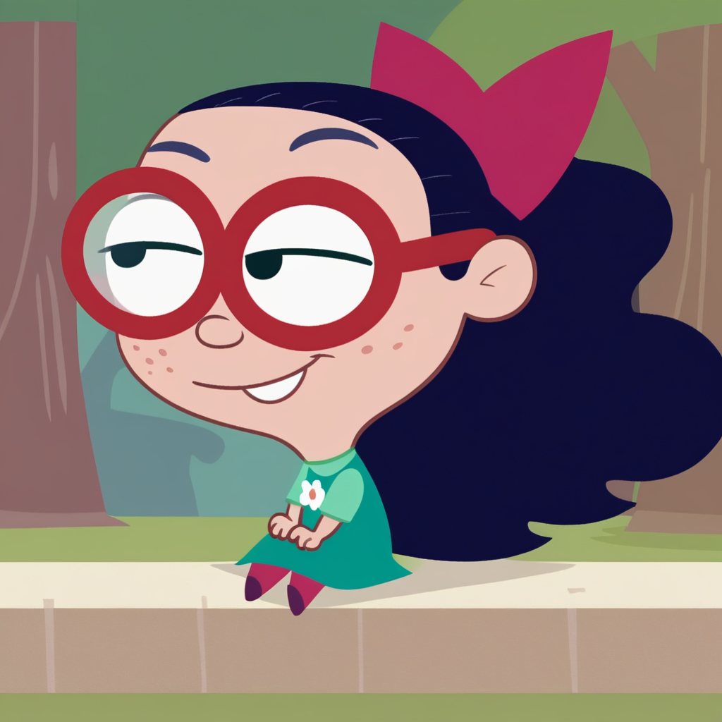 score_9, solo, millie_kvk, 1girl, solo, glasses, black hair, long hair, hair bow, freckles, dress, smirk, outdoors, sitting, tree