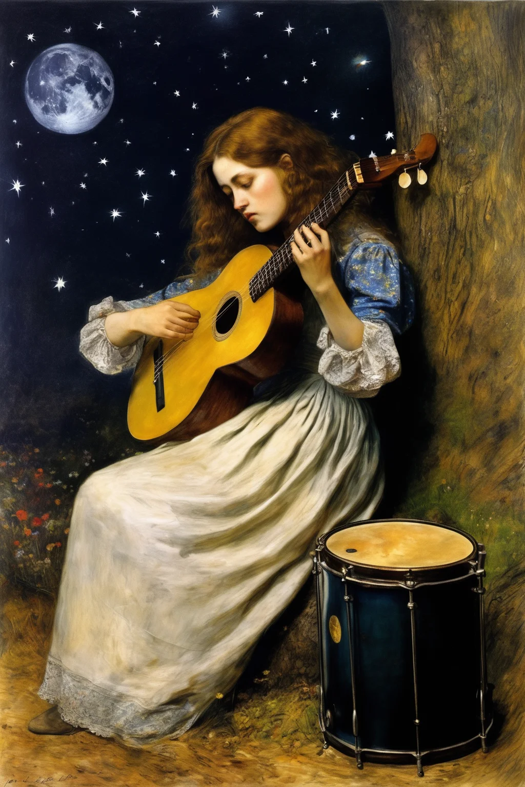 John Everett Millais Style - mir al silencio y vi campos de estrellas. Y un Arpa callada y a Ofelia muerta. In the drums in the botton of your soul for the memory of forget fulness en el olvido. Estilo John Everett Millais. Estilo surrealista.