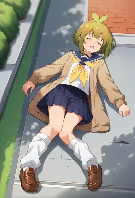 score_9, score_8_up, score_7_up, source_anime, masterpiece, 1girl, ct_bashame, brown cardigan, puffy sleeves, serafuku, blue sailor collar, yellow neckerchief, blue miniskirt, leg warmers, loafers, full body, outdoors, city, depth of field, shiny skin, lying, on back, on ground, drool, arms at sides, sleeping, <lora:Bashame_Meme_pony_ct_ver2:1>