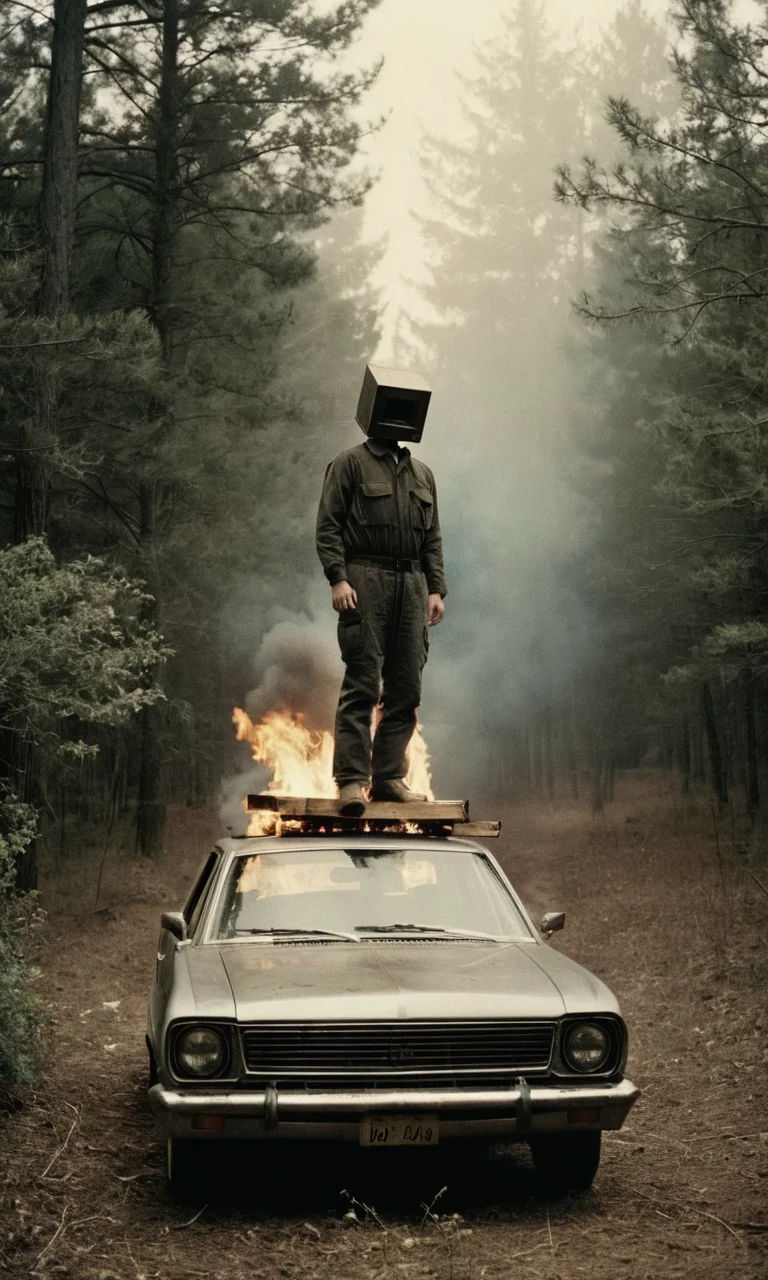 analog film photo man standing on top of car, fire, woods, box head, strange, huleebstyle, helmet, dark, emboss, <lora:HuleebStyle_v1:0.85> . faded film, desaturated, 35mm photo, grainy, vignette, vintage, Kodachrome, Lomography, stained, highly detailed, found footage