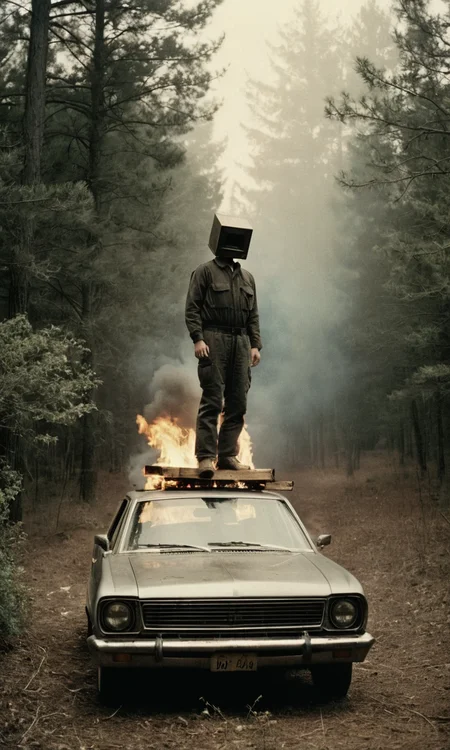 analog film photo man standing on top of car, fire, woods, box head, strange, huleebstyle, helmet, dark, emboss, <lora:HuleebStyle_v1:0.85> . faded film, desaturated, 35mm photo, grainy, vignette, vintage, Kodachrome, Lomography, stained, highly detailed, found footage