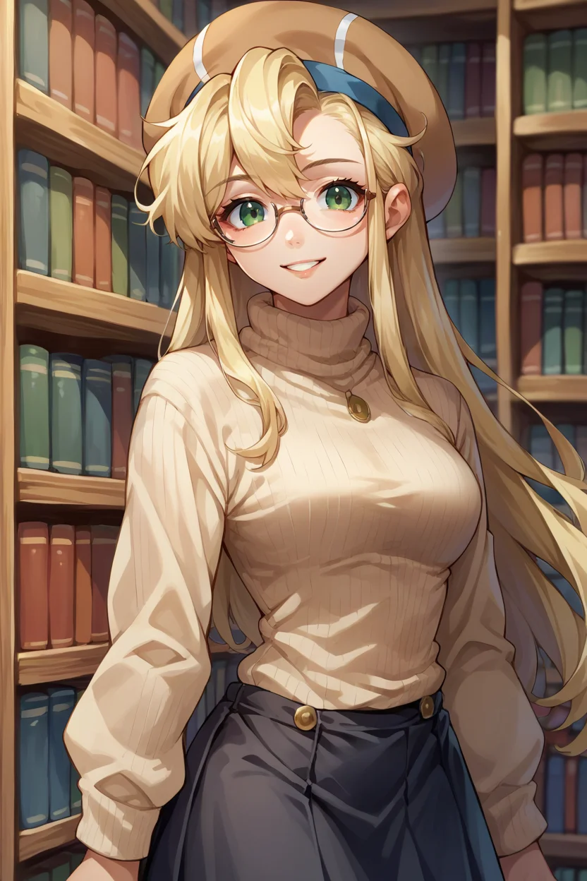 score_9, score_8_up, score_7_up, score_6_up, source_anime, 1girl, solo, <lora:clarissaarwin-pdxl-nvwls-v1-000005:1> clarissa arwin, blonde hair, hat, long hair, glasses, beige sweater, turtleneck, black skirt, medium breasts, library, looking at you, smile