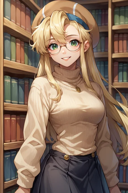 score_9, score_8_up, score_7_up, score_6_up, source_anime, 1girl, solo,  <lora:clarissaarwin-pdxl-nvwls-v1-000005:1> clarissa arwin, blonde hair, hat, long hair, glasses, beige sweater, turtleneck, black skirt, medium breasts, library, looking at you, smile