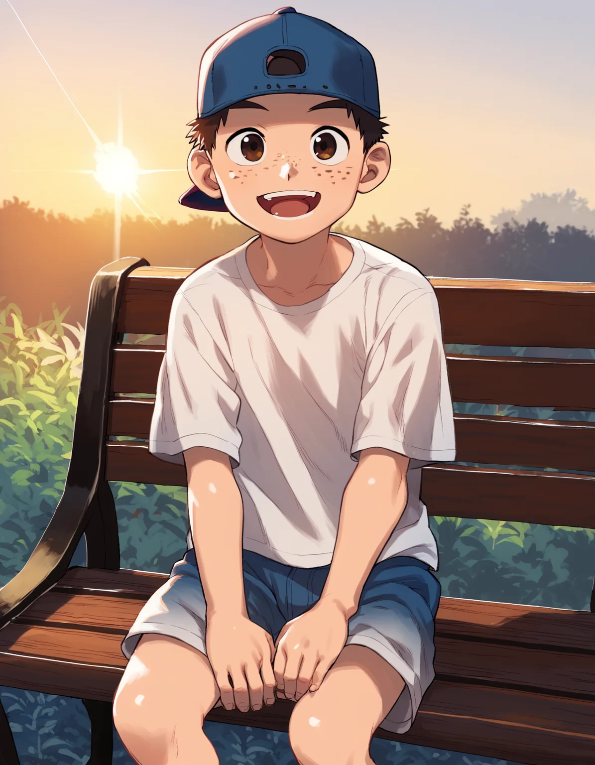 score_9, score_8_up, score_7_up, score_6_up, source_anime, rating_safe, outdoors, evening, sunlight, pencil outline, 1boy, solo, freckles, baseball cap, brown eyes, sitting, open mouth, smile, looking up at viewer, t-shirt, shorts, on bench <lora:a6_AMXL_v1g-ShoAI:1>