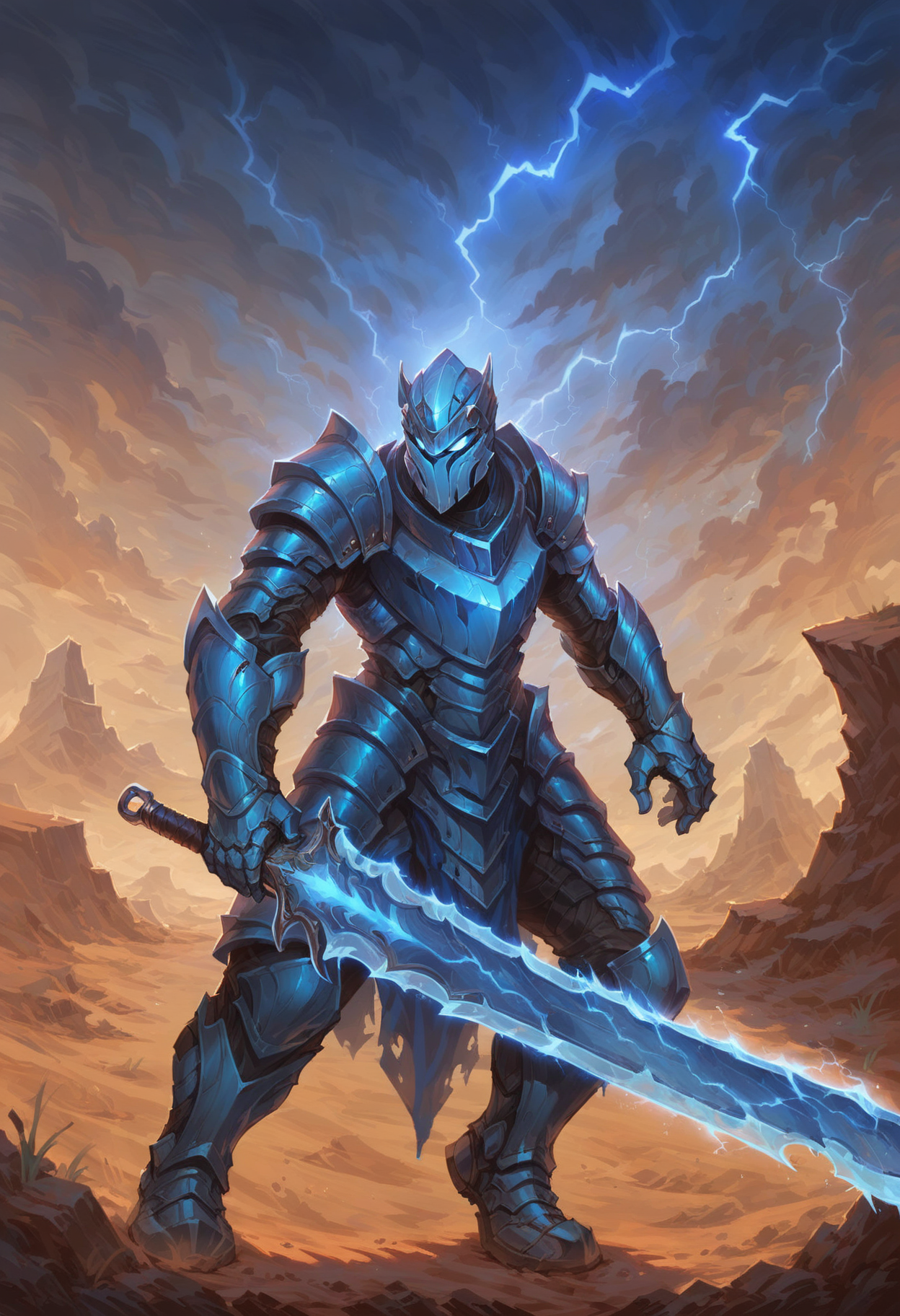 (score_9_up, score_8_up:1.2), score_7_up, shardblade, shardplate, glowing blue sword, sword, (glowing blue armor), helmet, glowing blue light, desert, storm, blue lightning, <lora:Shardplate__Shardblade:0.6>, <lora:aesthetic:4>, <lora:great_lighting:4>, <lora:RMSDXL_Enhance:2>, <lora:RMSDXL_Creative:1>, <lora:xl_more_art-full_v1:0.5>