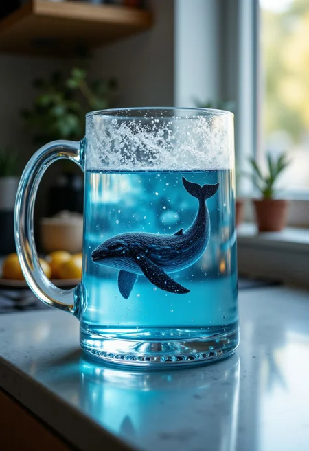 aidmafluxpro1.1, aidmaimageupgrader, a high quality digital image of a see through tankard sitting on a kitchen counter, the tankard is full of water and swimming in it is an intricately blue whale