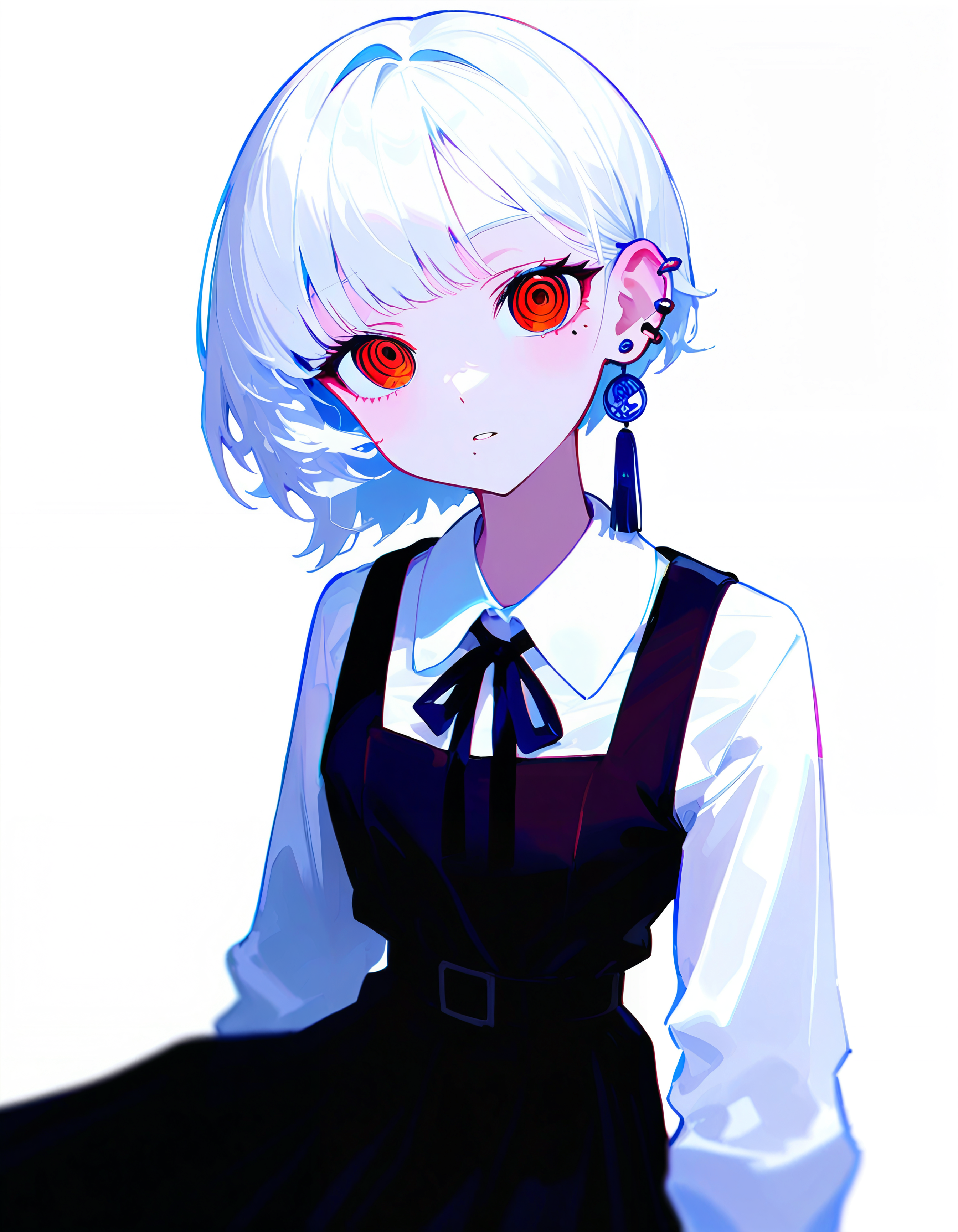 very awa, masterpiece, best quality, newest, absurdres, <lora:Gra0158>, abstract painting, brush strokes, 1girl, fourth east high school uniform, multiple moles, mole, solo, tassel earrings, mole under mouth, pinafore dress, ringed eyes, earrings, jewelry, sleeveless dress, red eyes, dress, school uniform, tassel, white hair, looking at viewer, mole under eye, sleeveless, looking back, piercing, black ribbon, white background, ribbon, ear piercing, neck ribbon, medium hair, white shirt, short hair, shirt, simple background, black dress