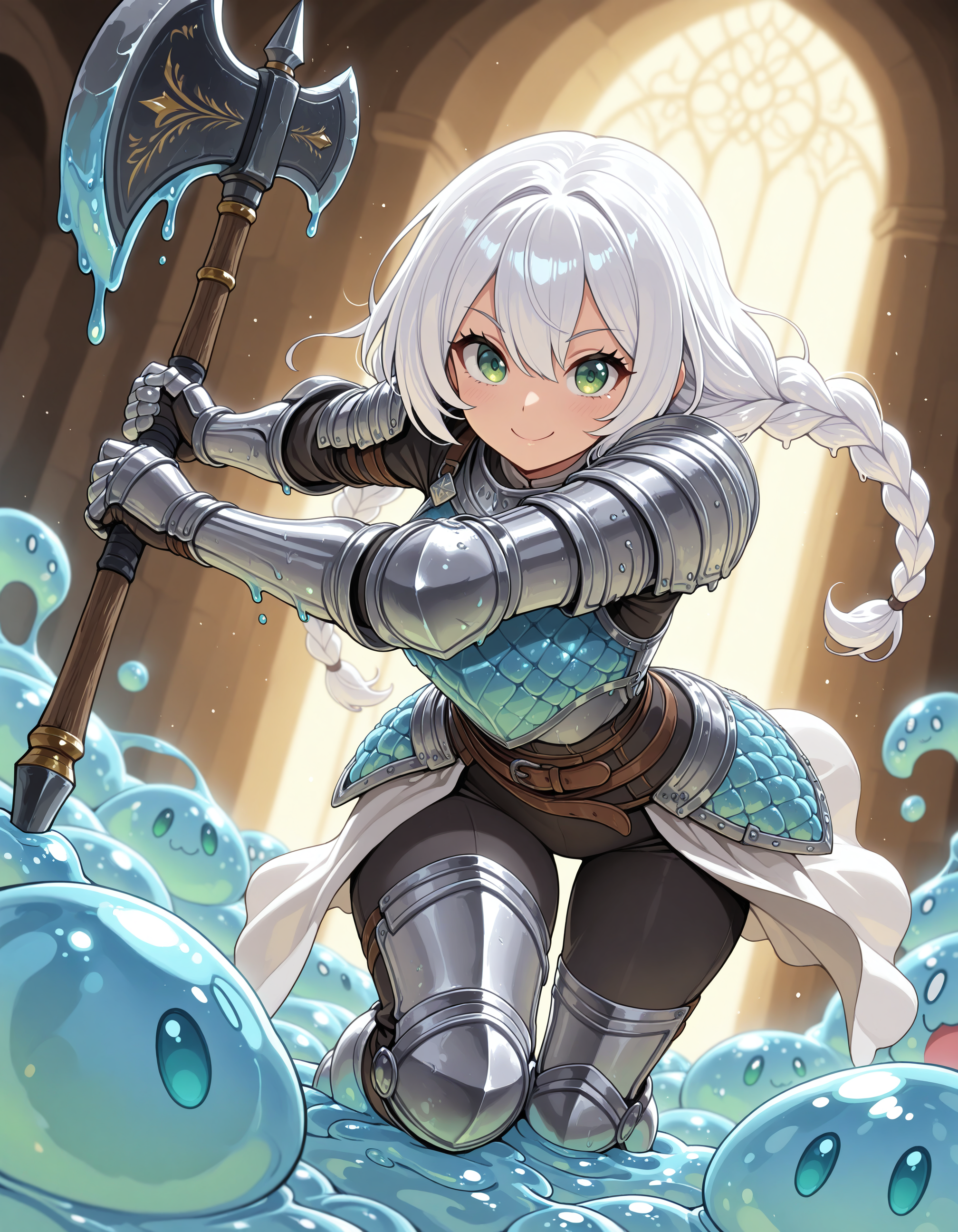 masterpiece, best quality, good quality, very aesthetic, absurdres, newest, 8K, depth of field, focused subject, dynamic angle, action shot, 1girl, female knight, white hair, braids, smile, green eyes, looking at viewer, ornate padded armor, wielding large blue slimey axe,slime dungeon, slime-morph, <lora:Slime_Morph_V4:1>