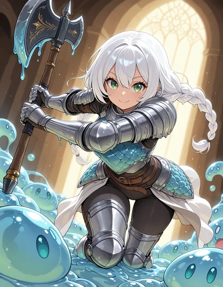masterpiece, best quality, good quality, very aesthetic, absurdres, newest, 8K, depth of field, focused subject, dynamic angle, action shot, 1girl, female knight, white hair, braids, smile, green eyes, looking at viewer, ornate padded armor, wielding large blue slimey axe,slime dungeon, slime-morph, <lora:Slime_Morph_V4:1>