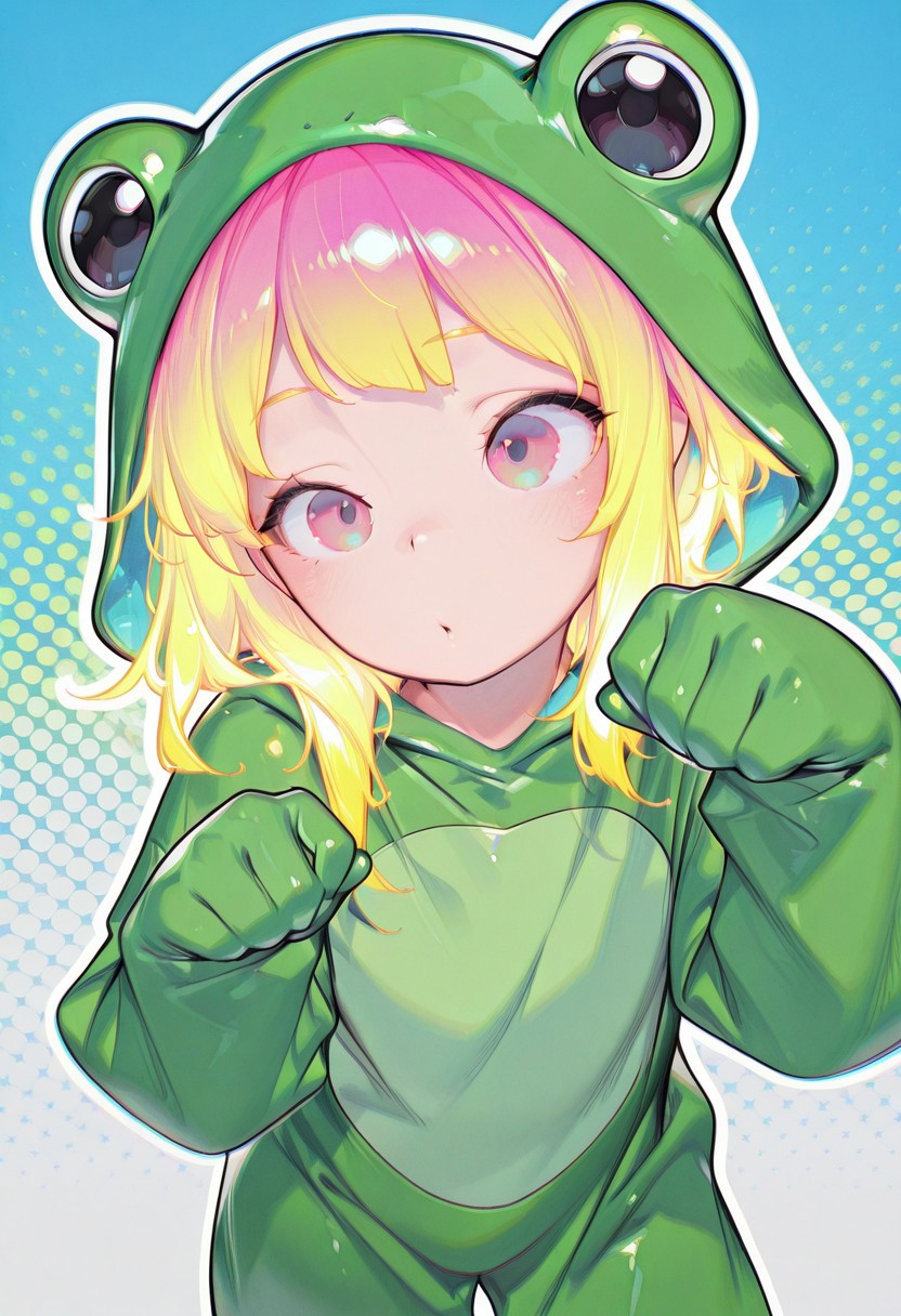 pop_bae_style, masterpiece, best quality, 1girl, paw pose, frog costume, frog hood, pink eyes, gradient eyes, glowing hair, outline, halftone background