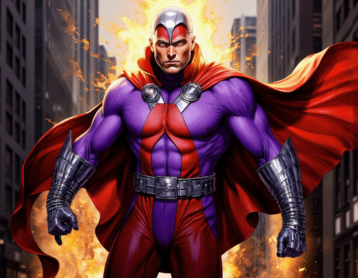 <lora:{martoonia, }martoonia:0.65> martoonia, A dynamic, comic book-style illustration of Magneto, the iconic Marvel villain, standing tall with his imposing figure, clad in his signature purple and red costume, complete with a flowing cape and a bold, silver helmet that frames his chiseled, Eastern European features and piercing eyes that seem to gleam with magnetic intensity. His skin has a rugged texture, with sharp cheekbones and a strong jawline, accentuated by his determined expression, as he gazes out with an unyielding sense of purpose. The costume is intricately detailed, with textured, metallic accents that reflect the light, and his cape flows behind him, as if blown by an invisible wind. The lighting is dramatic, with bold, dynamic shadows that emphasize his powerful physique, and a warm, golden glow that hints at his mastery of magnetic forces. The background is a blurred, urban landscape, with skyscrapers and city streets, but the focus is squarely on Magneto, as he stands poised, his hands at his sides, with a subtle, magnetic aura surrounding him, as if the very air around him is charged with energy. The shot is a wide-angle, heroic pose, with Magneto standing tall, his figure filling the frame, and his presence dominating the scene. The image features a bold, graphic style, with thick lines, vibrant colors, and a mix of digital and traditional media textures, blending together to create a visually stunning, epic-quality image. The overall mood is one of powerful, magnetic intensity, with a hint of danger and unpredictability, as if Magneto is ready to unleash his full fury upon the world. The illustration is rendered in a hyper-detailed, photorealistic style, with intricate textures and subtle shading, bringing the character to life in a way that is both faithful to the original comic book artwork and freshly reimagined for a modern audience. 8k highest resolution with sharp intricate details. Hyperrealistic, detailed, and vivid. . 35mm photograph, film, bokeh, professional, 4k, highly detailed