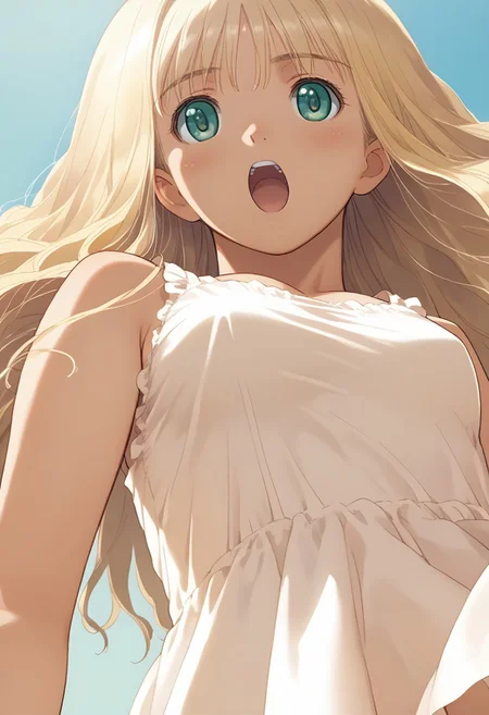 hortensia,score_9,score_8_up,score_7_up,source_anime,best_quality,masterpiece,super_fine_illustration,8k,1girl,adorable_girl,very_long_hair, blonde hair, (((tiny-medium breasts))), (neutral expression), half-open mouth, nature, (((long white sundress))), lower body, low angle