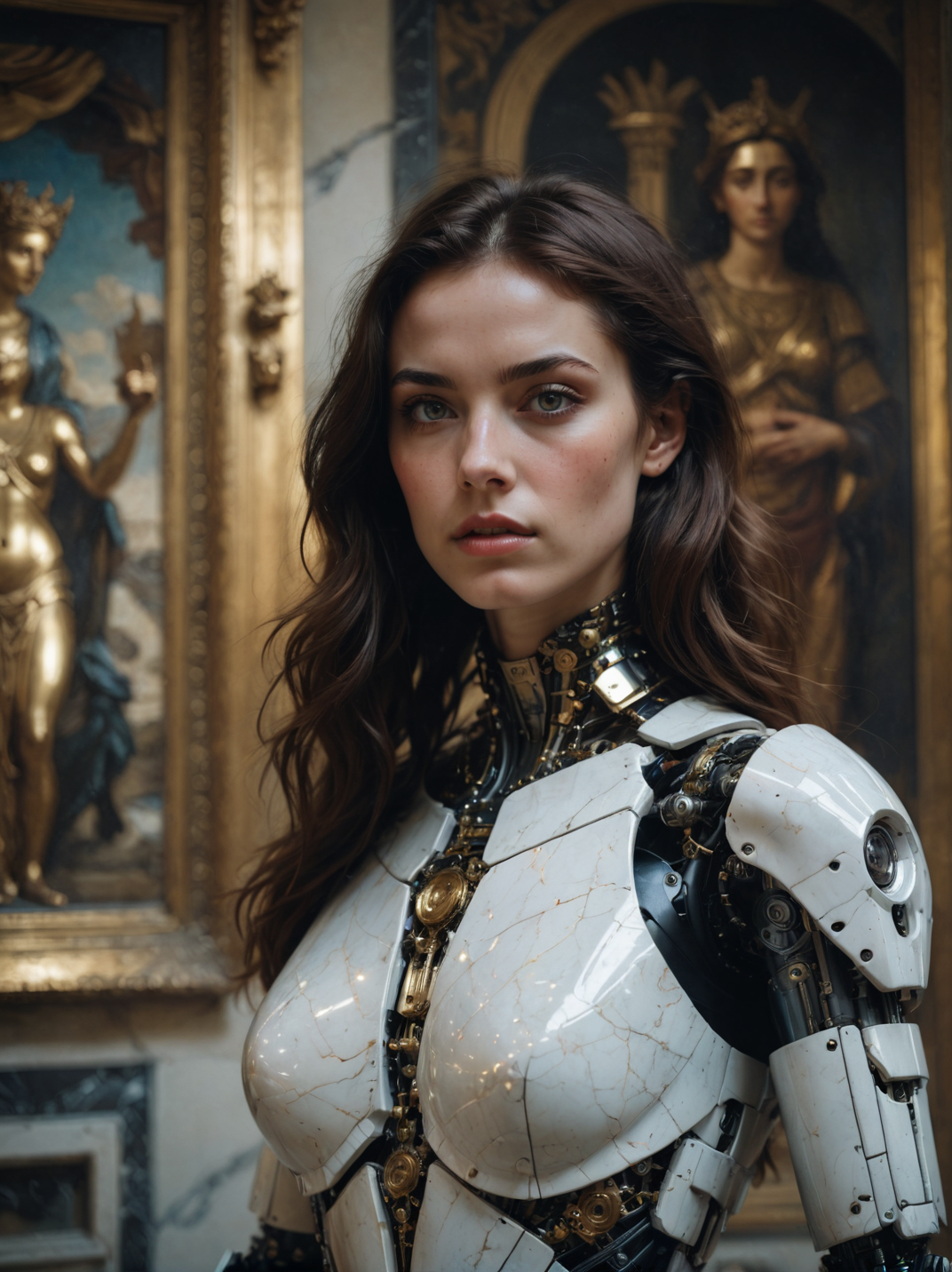 cinematic film still, close up, a robot woman stands tall, half-human half machine, amongst an ancient Greek gallery of paintings and marble, religious symbolism, quantum wavetracing, high fashion editorial, glsl shaders, semiconductors and electronic computer hardware, amazing quality, wallpaper, analog film grain, perfect face skin <lora:aesthetic_anime_v1s:1.1>