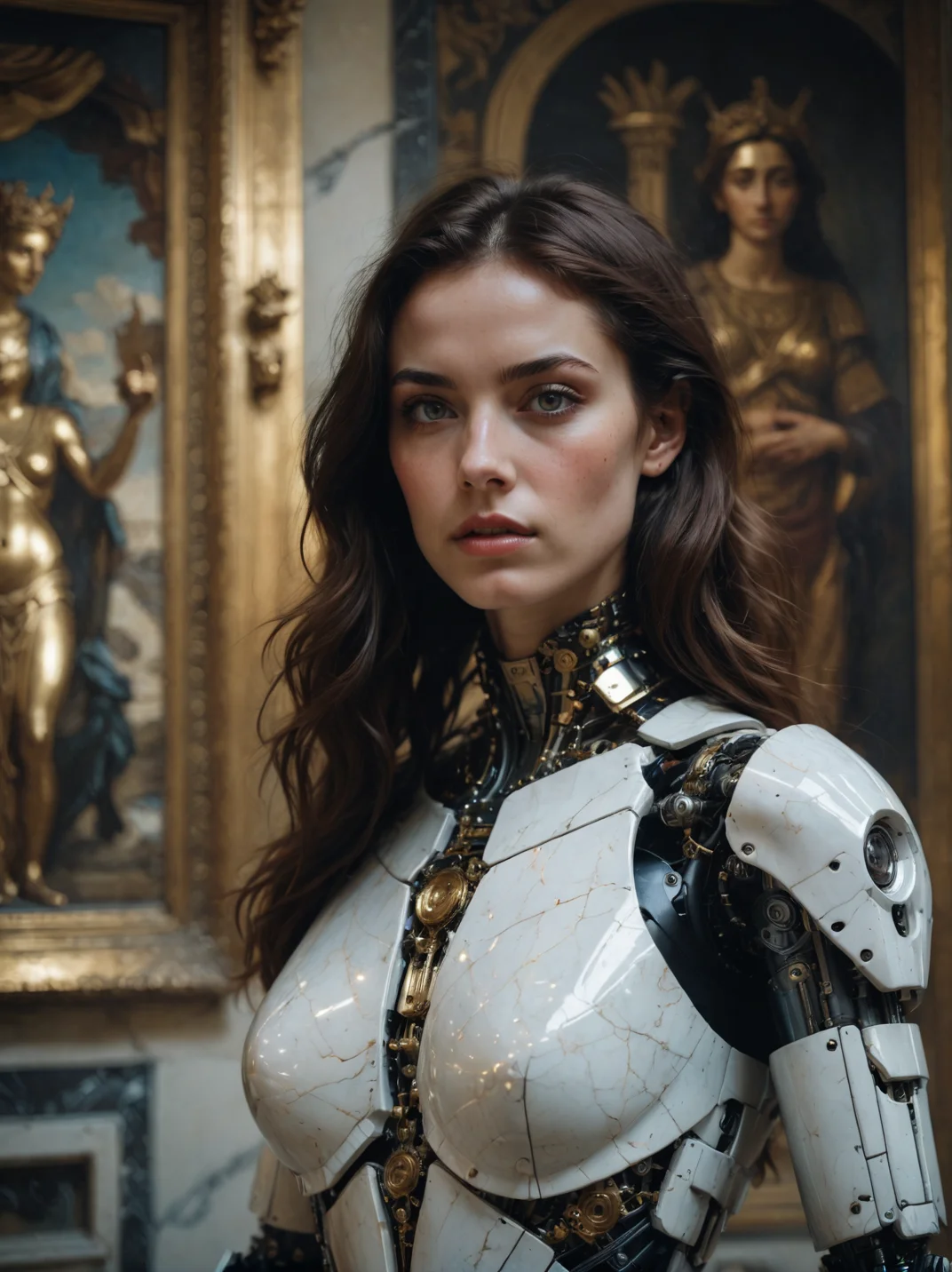 cinematic film still, close up, a robot woman stands tall, half-human half machine, amongst an ancient Greek gallery of paintings and marble, religious symbolism, quantum wavetracing, high fashion editorial, glsl shaders, semiconductors and electronic computer hardware, amazing quality, wallpaper, analog film grain, perfect face skin <lora:aesthetic_anime_v1s:1.1>