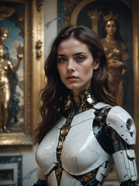 cinematic film still, close up, a robot woman stands tall, half-human half machine, amongst an ancient Greek gallery of paintings and marble, religious symbolism, quantum wavetracing, high fashion editorial, glsl shaders, semiconductors and electronic computer hardware, amazing quality, wallpaper, analog film grain, perfect face skin <lora:aesthetic_anime_v1s:1.1>