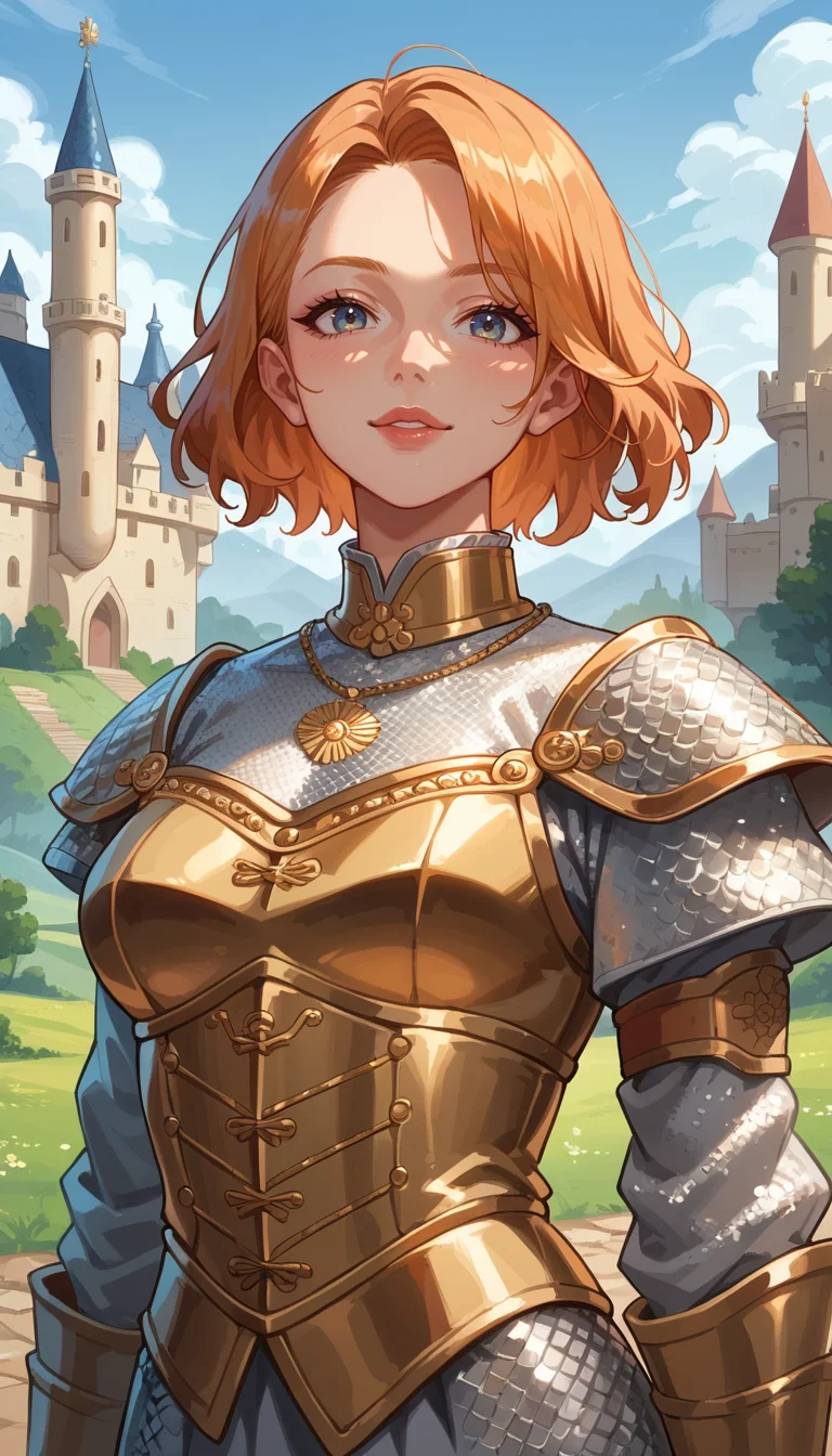 score_9, score_8_up, score_7_up, Anime Style, Portrait, girl, cute, seductive, innocent, light smile:0.3, plump lips, slender body, bob hair, dressing an high detailed medieval gold armor, gold ornate, gold embedded, glossy gold, high detailed chainmail, outdoors, professional photograph, award winning photography, far away castle background, depth of field, dynamic angle, fashion photography, sharp, hyperdetailed:1.15