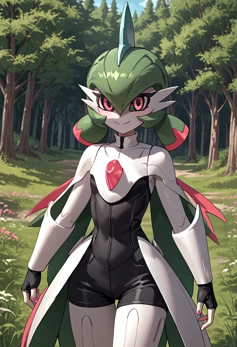 score_4,score_5,score_6,score_7_up,score_8_up,score_9 ((masterpiece,best quality,ultra detailed,highres,HD,4k:1.2)), 
1 girl,solo,face focus,
((ironvaliantsv,pokemon (creature), solo,colored skin, white skin:1.2)),
green hair,low twintails,pink eyes,colored sclera,
cape,shirt,sleeveress shirt,fingerless gloves,shorts,black shorts,jewelry,
outdoors,in the forest,day,
standing,
smile,.blush,light smile,