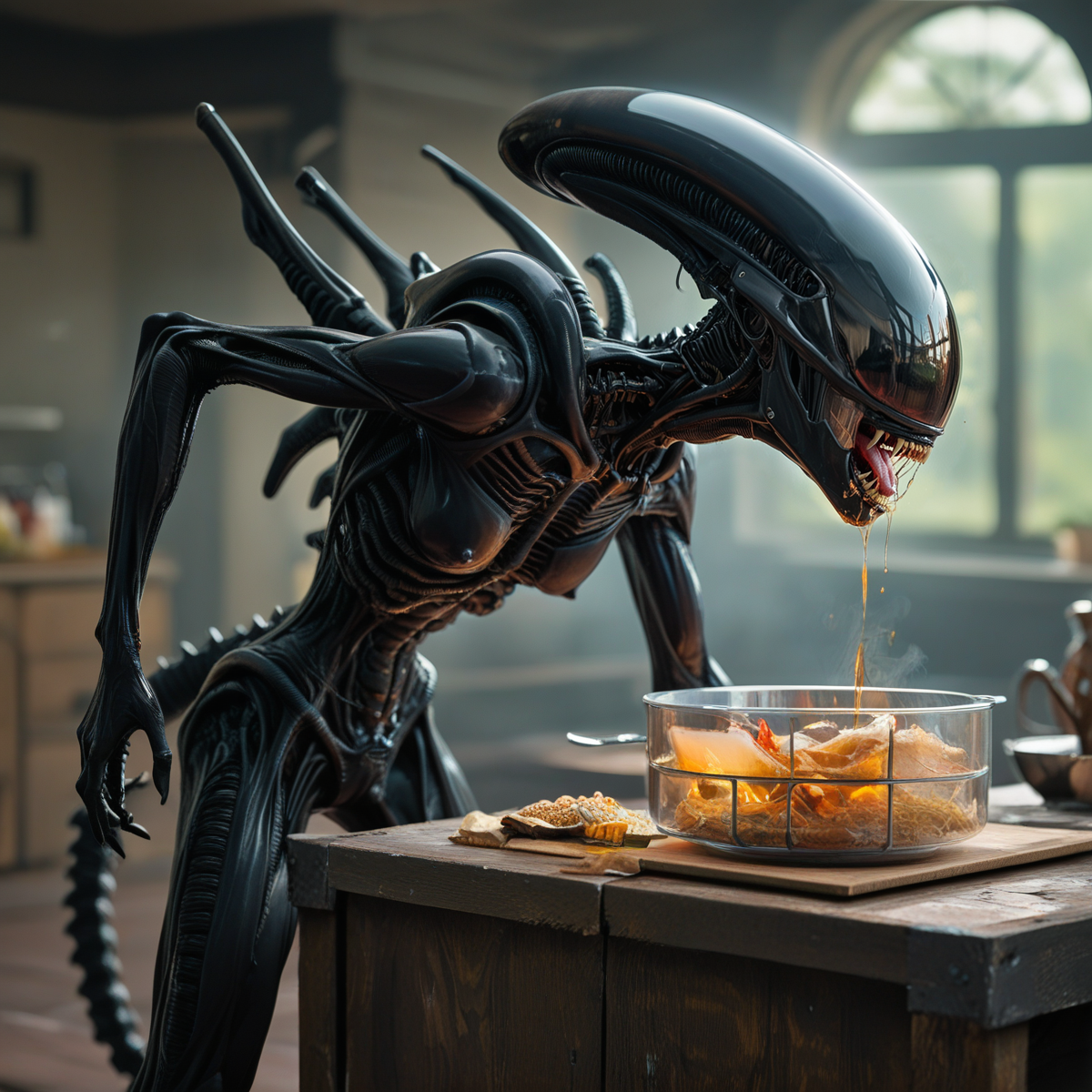 score_9, score_8_up,
This captivating fantasy picture portrays an eerie female xenomorph cooking a stew from small metallic parts like screws and springs on a minimalistic and ultra-futuristic kitchen with cybernetic helper-bots flying around.',
        'The xenomorph wife is using cooking devices from the distant future, adding a surreal element to the scene.',
        'There is a metallic powder covering the cooking table, enhancing the otherworldly atmosphere.',
        'The picture is featured with a simulation of analog film photography, complete with noticeable film grain and aberration effects, reminiscent of the 1990s or early 2000s.',
        'The color grading mimics the colors and light effects of real analog photographs.',
        'A shallow depth of field with a swirly bokeh, noticeable gloom, and dust floating in the air adds to the eerie ambiance.',
        'The scene takes place at early morning, illuminated by cool, soft, and dreamy light from a futuristic village window.',
        'The xenomorph woman is wearing a white housewife cook apron with lace, showcasing her perfectly fit, feminine body with black xenomorph appearance.
BREAK The central figure of the image is an eerie female xenomorph, meticulously preparing a stew from small metallic parts like screws and springs.',
        'She is dressed in a white housewife cook apron with lace, which contrasts with her black xenomorph appearance.',
        'Her body is perfectly fit and feminine, with cybernetic enhancements that add to her otherworldly presence.',
        'The xenomorph woman is using cooking devices from the distant future, which are sleek and ultra-modern.',
        'Her movements are precise and mechanical, yet there is a subtle grace in her actions.',
        'The metallic powder on the table around her adds to the surreal atmosphere.
BREAK On the left side of the image, slightly to the upper-left, a group of cybernetic helper-bots can be seen flying around.',
        'These bots are sleek and metallic, with glowing blue lights that add a futuristic touch to the scene.',
        'They move with a fluid grace, their movements synchronized and precise.',
        'Each bot has intricate designs etched into its metallic surface, showcasing advanced technology.',
        'The helper-bots are essential in the cooking process, assisting the xenomorph woman with various tasks.
BREAK On the right side of the image, slightly to the lower-right, a futuristic village window can be seen.',
        'The window is made of a transparent material with sleek, metallic frames.',
        'Through the window, cool, soft, and dreamy light from the early morning can be seen, illuminating the scene.',
        'The village outside is a blend of futuristic architecture and natural elements, creating a harmonious balance between technology and nature.
BREAK At the bottom of the image, slightly to the lower-left, there is a layer of metallic powder covering the cooking table.',
        'The powder glimmers subtly under the soft light, adding a touch of realism to the surreal scene.',
        'The metallic particles are finely detailed, reflecting the advanced technology of the setting.',
        'The powder enhances the overall eerie and otherworldly atmosphere of the image, making the cooking process appear even more futuristic and surreal.
BREAK At the top of the image, slightly to the upper-right, the film grain and aberration effects are prominently visible.',
        'These effects simulate the look of analog film photography from the 1990s or early 2000s, adding a nostalgic and vintage touch to the image.',
        'The film grain is noticeable, with subtle distortions and aberrations that enhance the overall atmosphere of the scene.',
        'These effects give the image a sense of history and depth, making it feel like a snapshot from a bygone era.
<lora:- SDXL - vanta-black_contrast_V3.0:0.43> <lora:sss:1.3> <lora:Meostigmat_f1.7_100mm:0.33> <lora:Gl1tchBasalt-000021:0.16> Gl1tchBasalt
BREAK  SK_CINEMATIC zPDXL2 ImgFixerPre0.3