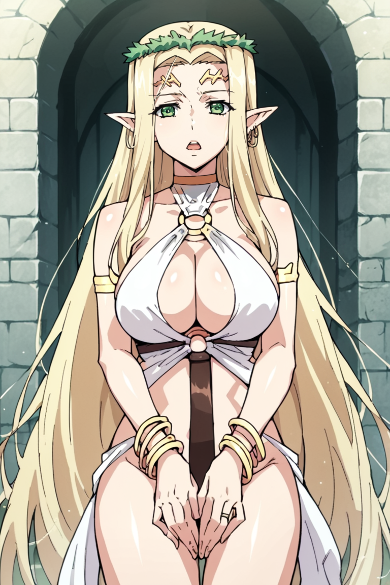 score_9, score_8_up, score_7_up, source_anime,celestine lucullus, 1girl, pointy ears, blonde hair, long hair, breasts, solo, green eyes, elf, large breasts, bracelet, cleavage, jewelry, very long hair, open mouth, , circlet