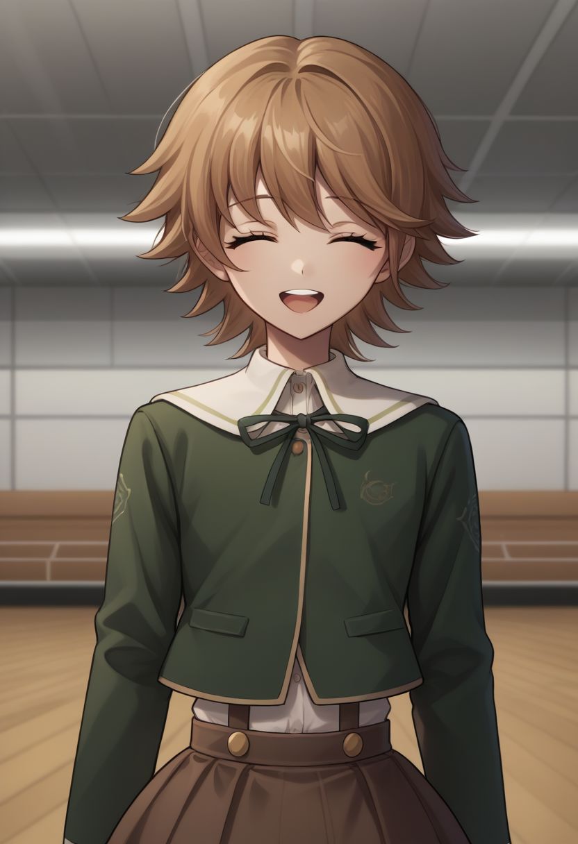 score_9, score_8_up, source_anime, highly detailed, 1boy, solo,
chihiro,1boy, brown hair, male focus, solo, skirt, smile, open mouth, bangs, closed eyes, teeth, upper teeth only, jacket, :d, short hair, brown skirt, crossdressing,
indoor, hall,