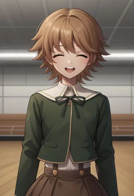 score_9, score_8_up, source_anime, highly detailed, 1boy, solo,
chihiro,1boy, brown hair, male focus, solo, skirt, smile, open mouth, bangs, closed eyes, teeth, upper teeth only, jacket, :d, short hair, brown skirt, crossdressing,
indoor, hall,