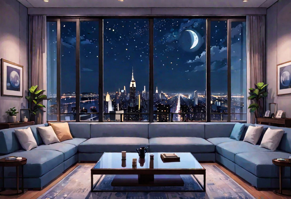 ((((front view)))), Shallow scene, ((animation style)), (((City high-rise building scenery))), ((((City scenery outside the window)))), ((sense of mystery)), (night), starry sky, moonlight, (weak warm light), (Facing the window), (open window), modern-style interior,  (sofa and coffee table by the window sill), Wooden floor, with white walls, (large windows), carpet, a living room, (Behind the sofa is the window sill),