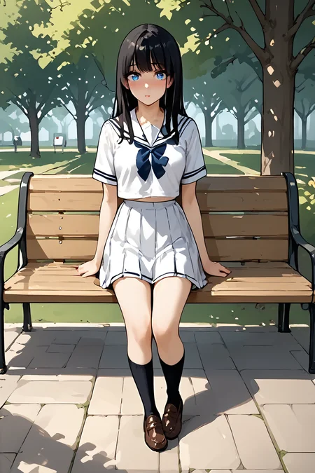 score_9, score_8_up, score_8, score_9, 1girl, body, standing,,standing, tree, park, park bench, looking at viewer, blush,
BREAK
<lora:Expressive_H:1> Expressiveh <lora:Ichikawa_Inori:.7> Inori_ichikawa, 1girl, long hair, bangs, blue eyes,black hair,narrow waist,,,school uniform, white shirt, short sleeves, pleated skirt,  serafuku, socks,sailor collar, black socks, loafers,white skirt, zPDXL3