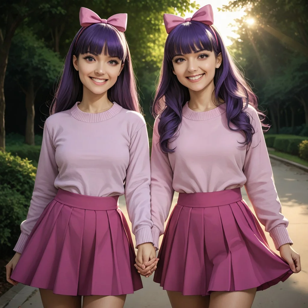 score_9, score_8, score_9, sherri-terri, 2girls, twins, purple hair, hair bow, skirt, outdoors, smiling, holding hands, looking at viewer, natural lighting, photorealistic, adult
