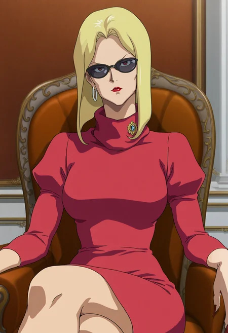 masterpiece, best quality, good quality, <lora:GOKycilia:1>, GOKycilia, 1girl, blonde hair, medium hair, red eyes, hoop earrings, lipstick, 
sunglasses, turtleneck dress, pink dress,
looking at viewer, crossed legs, sitting, chair,
BREAK indoors, royal,