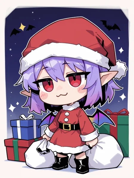 masterpiece, best quality, good quality, very aesthetic, absurdres, newest, 1girl, :3, bat wings, looking_at_viewer, black footwear, blush stickers, box, chibi, closed mouth, dress, fur-trimmed dress, fur-trimmed headwear, fur trim, gift, gift box, gradient wings, hat, holding, holding sack, long sleeves, looking ahead, medium hair, multicolored wings, no nose, pointy ears, purple hair, red dress, red eyes, red hat, sack, santa costume, santa hat, solo, wings, facing_viewer, <lora:ponyv5_noobE11_1_adamW-000013:0.7> <lora:MeMaXL4:0.6> <lora:namukijpg_ill:0.8>