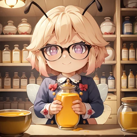 score_9,score_8_up,score_7_up,score_6_up, source_anime, (8k, masterpiece, best quality, cinematic lighting, ultra high res), (extremely detailed image, high resolution, 5k resolution:1.0), (ultra HD quality details), 1girl, anime, slightly chibi, cute bee girl, (Bee girl), smile :3, in a store, standing behind counter, offering jar of honey, glasses of honey, shelves with glasses of honey, (detailed image, high resolution, 5k resolution:1.0), terrace, at night,(masterpiece:2),(best quality:1.1),ultra highres,original,extremely detailed, perfect hands, perfect lighting, moe, HappoubiJP