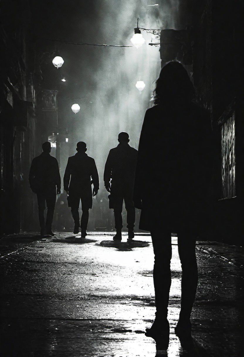 cinematic photo dark photo of a woman being confronted a group of dangerous men, on a dark city street, <lora:Into_Darkness:1>, 35mm cinematic , film, bokeh,  professional, 4k, highly detailed, 35mm photograph, film, bokeh,  professional, 4k, highly detailed