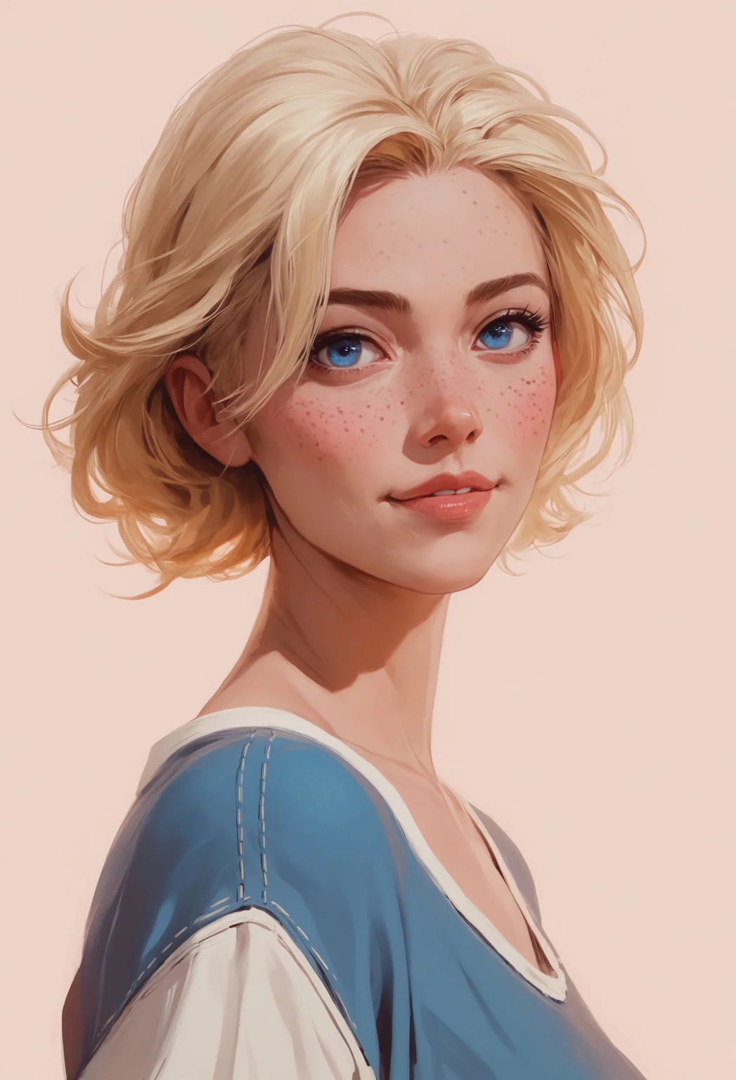 safe_pos, score_9, score_8_up, score_7_up,solo, 18yo, (1girl:1.1), (cute:1.3), (petite:1.1), (Pulp Fiction), from side, standing, looking at viewer, (realistic image:1.0), simple color background , (beautiful, seductive, curvy, sexual), complexion, skin detail, blonde hair, blue eyes, (freckles:1.1)