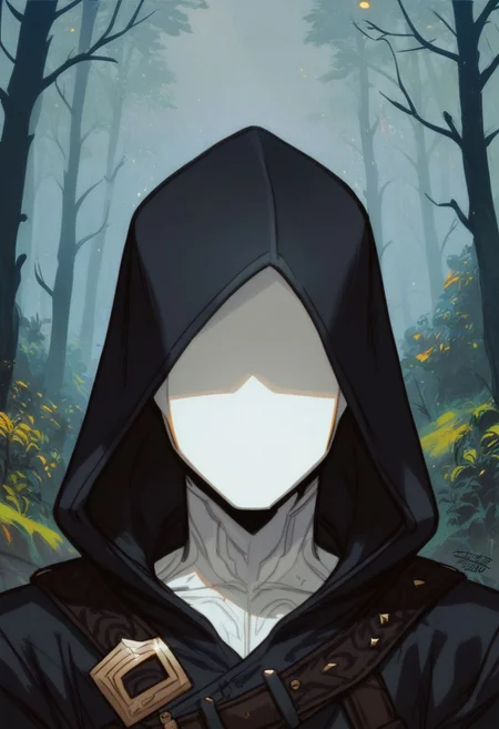 score_9, score_8_up, score_8, score_7_up, score_7, score_6_up, score_6, score_5_up, Score_5, faceless humanoid, smooth face, (featureless face:1.6), porcelain skin, pale skin, robes, hood pulled up, black clothing, vox machine style, 1boy, male focus, solo, portrait, fantasy, forest background, (dynamic lighting:1.1)
((masterpiece))