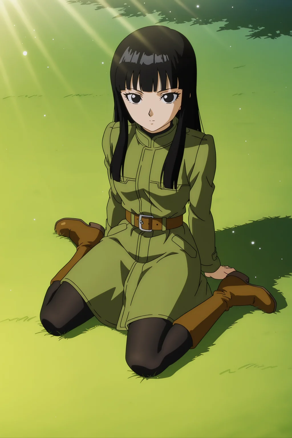 anime screencap, absurdres, high quality, official style,
future mai, long hair, black hair, bangs, black eyes,
turtleneck, black shirt, green coat, long sleeves, belt, black pantyhose, boots, brown footwear,
sitting, wariza, grass, outdoors, day, looking at viewer, from above, sunrise, dawn, field, grass, light rays, light particles,
<lora:Mai_IL:0.8>