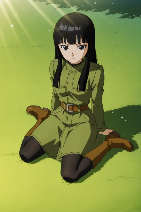 anime screencap, absurdres, high quality, official style,
future mai, long hair, black hair, bangs, black eyes,
turtleneck, black shirt, green coat, long sleeves, belt, black pantyhose, boots, brown footwear,
sitting, wariza, grass, outdoors, day, looking at viewer, from above, sunrise, dawn, field, grass, light rays, light particles,
<lora:Mai_IL:0.8>