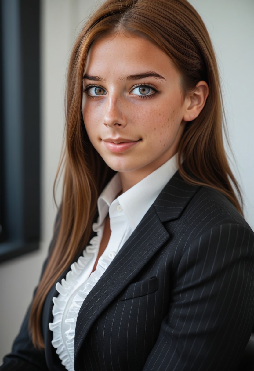 28yo girl Y4SM1N3, (big boobs), long brown hair, freckles, wearing business coat over a white ruffle shirt, black-pencil-skirt, sit and alluring in office