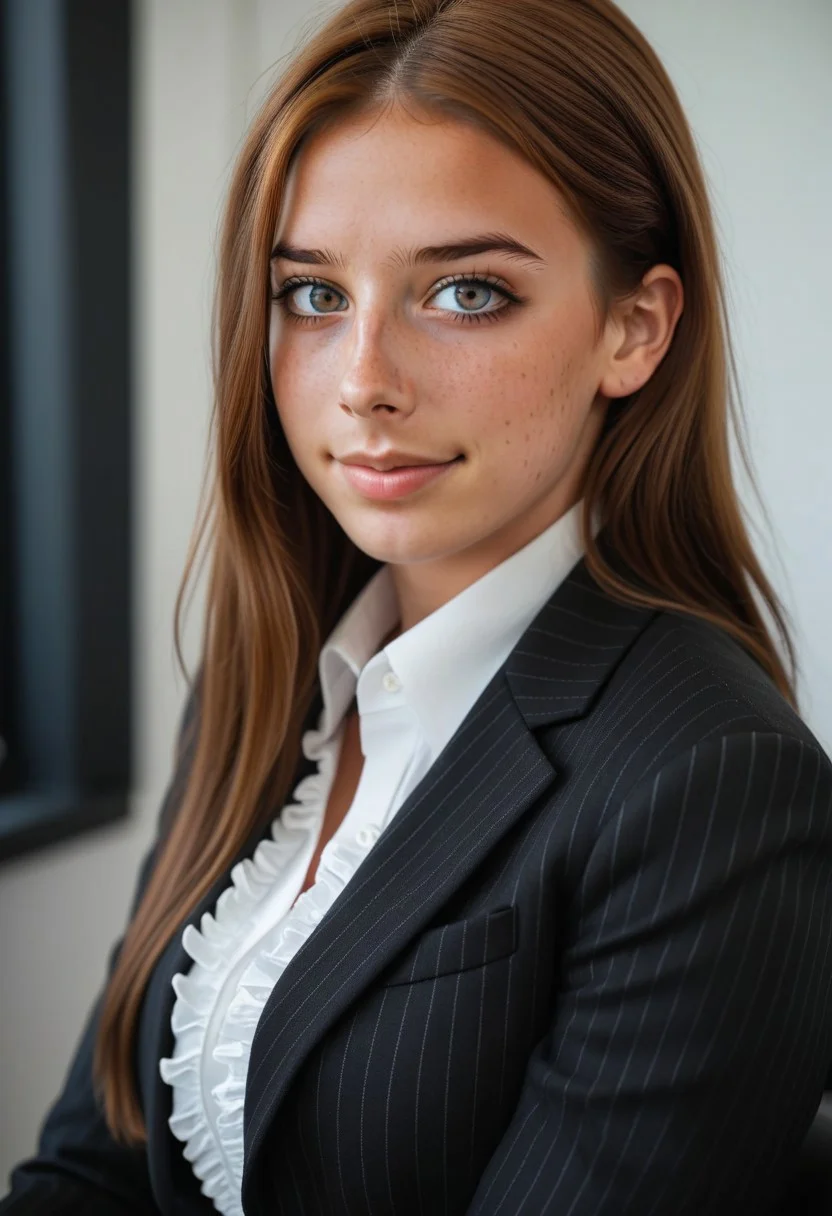 28yo girl Y4SM1N3, (big boobs), long brown hair, freckles, wearing business coat over a white ruffle shirt, black-pencil-skirt, sit and alluring in office