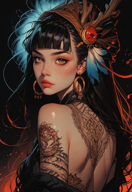 masterpiece, best quality, good quality, very aesthetic, absurdres, newest, 8K, depth of field, focused subject, 1girl, solo, hoop earrings, black hair, exotic hair, (hair ornament:1.4), detailed headdress, exotic headdress, glowing hair, feather, dreadlocks, (shaman), long hair, back tattoo, looking at viewer, from side, blunt bangs, upper body, arm tattoo, dragon tattoo, eastern dragon, shoulder tattoo, bare shoulders, long hair, brown eyes, yakuza, cuddling with eastern dragon, black background