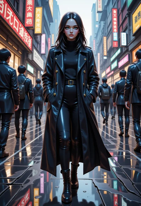 Jeddtlv3, illustration, lady walking in busy crowdy street, classic long black coat, by Agnes Cecile, High Contrast, lumen reflections, raining, with puddles, face to the camera, looking to the viewer, Ink,
.in the style of Jedspy, psychedelic colors