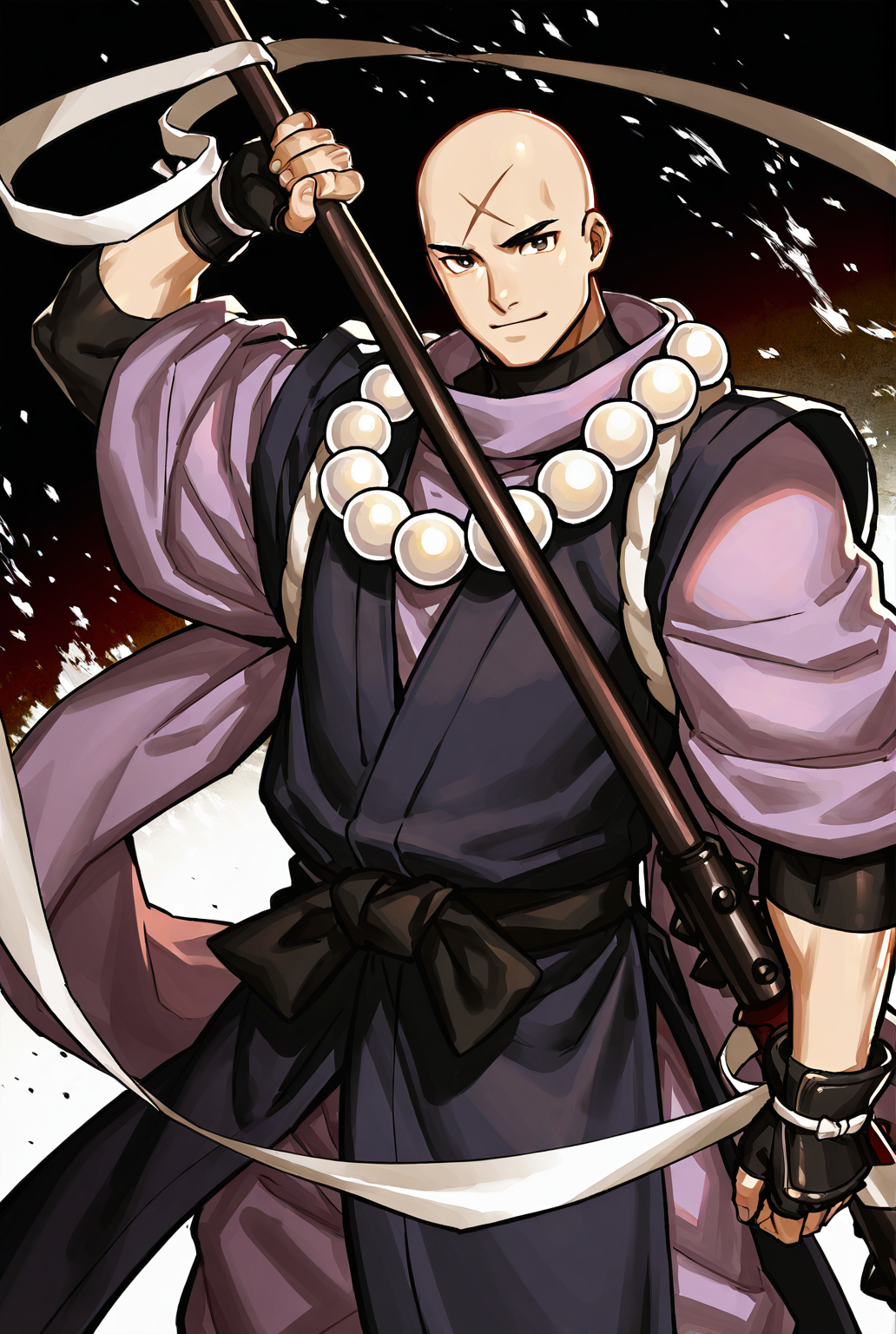 score_9,score_8_up,score_7_up,male focus,ultra-detailed,high resolution,digital painting,8k,1boy,solo,cowboy shot,bara,male focus,detailed face,bald,monk,beads,jewelry,necklace,japanese clothes,prayer beads,scar,scar on face,fingerless gloves,weapon,polearm,looking at viewer,<lora:add-detail-xl:1>,<lora:FGO Hozoin Inshun:0.7>,fgo hozoin inshun,<lora:League_of_Legends__illustrious-XL:0.5>,